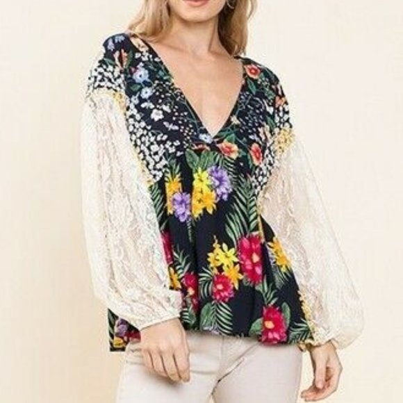 Blueheaven Tops - Bluheaven Gypsy Puff Floral Lace Peasant Boho Top